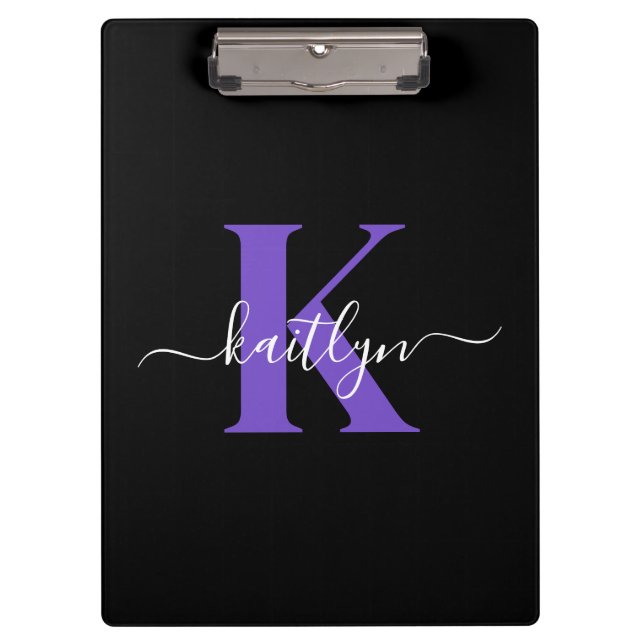 Porte-bloc Monogramme Moderne Violet Noir Script (Devant)