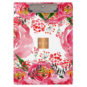 Porte-bloc Monogramme or cuivre métallique rose blanc floral