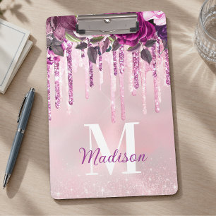 Porte-bloc Monogramme pailleté floral violet rose qui coule