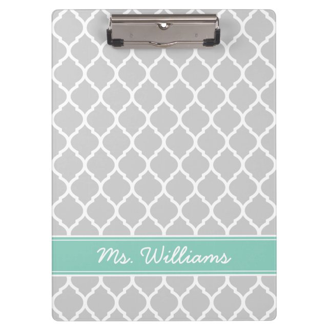 Porte-bloc Monogramme personnalisé Gris et Aqua Quatrefoil (Devant)
