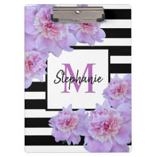 Porte-bloc Monogramme Pink Peony Flower Black Stripe pourpre
