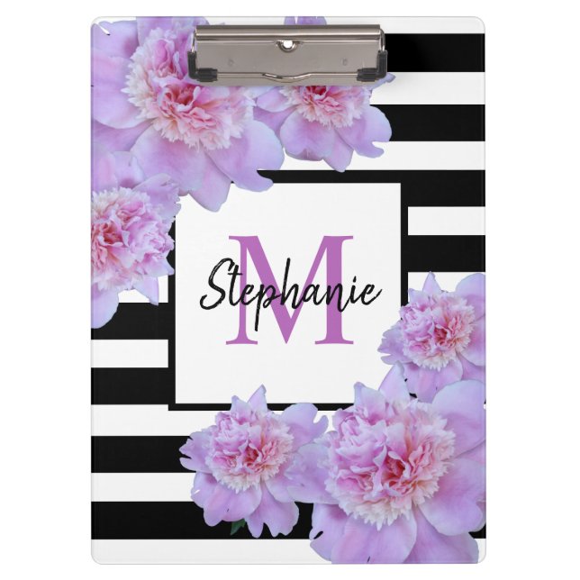Porte-bloc Monogramme Pink Peony Flower Black Stripe pourpre (Devant)