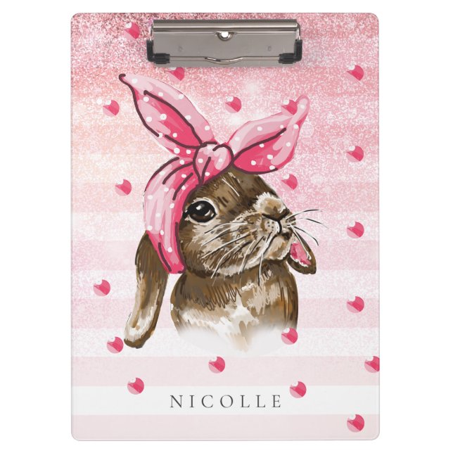 Porte-bloc Monogramme rose lapin peint à la main (Devant)