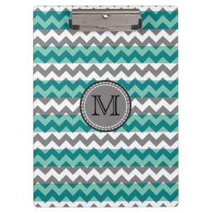 Porte-bloc Monogramme Turquoise et Grey Chevron Zigzag