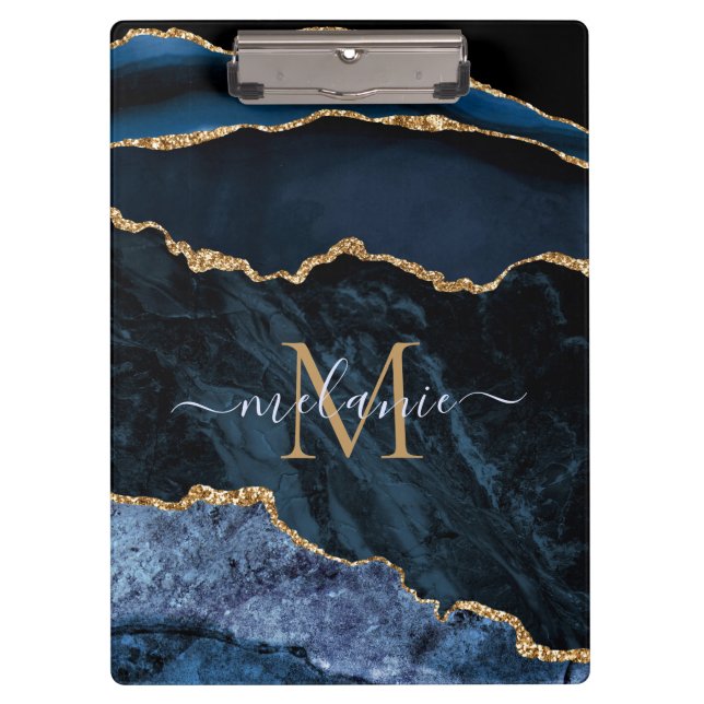 Porte-bloc Monogramme Votre nom Marine Blue Gold Marble Porte (Devant)