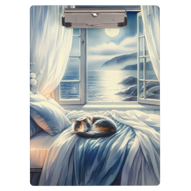 Porte-bloc Moonlit Coastal Bedroom with Sleeping Cat (Devant)