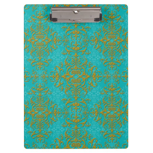 Porte-bloc Motif de style damas or et turquoise (Devant)