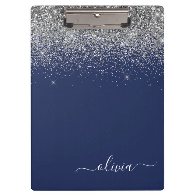 Porte-bloc Navy Blue Glitter Argent Nom Monogramme Féminin (Devant)