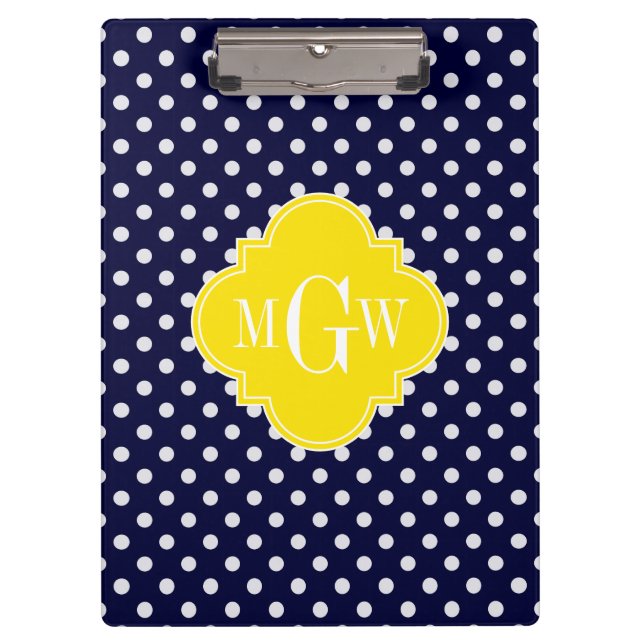 Porte-bloc Navy White Polka Dots Yellow Quatrefoil 3 monogram (Devant)