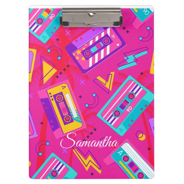 Porte-bloc Neon Pink Trendy 80's cassette Nom (Devant)