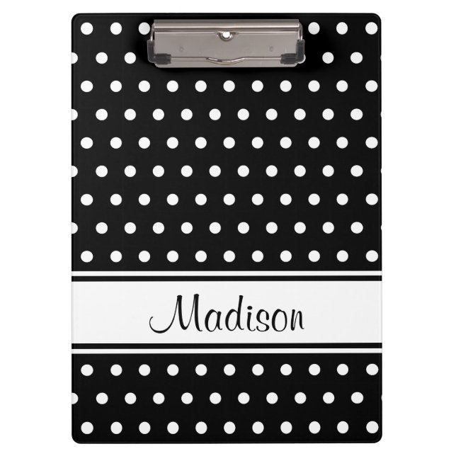 Porte-bloc Noir blanc Polka Dot Stripe Nom du script (Devant)