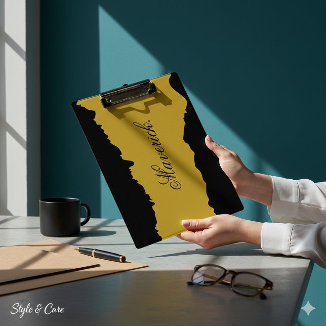 Porte-bloc noir et or M Gold avec nom affiché (Black and Metallic Gold Clipboard with Displayed Name)