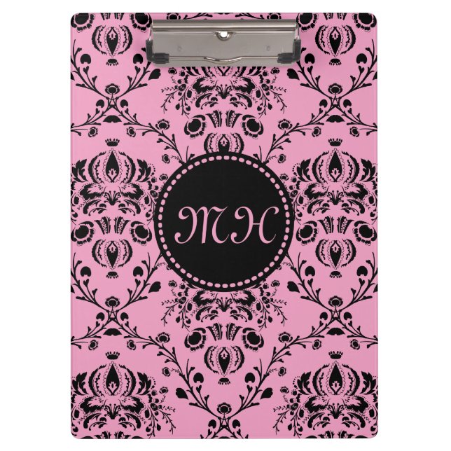 Porte-bloc Noir rose chic élégant décoré d'un monogramme de (Devant)