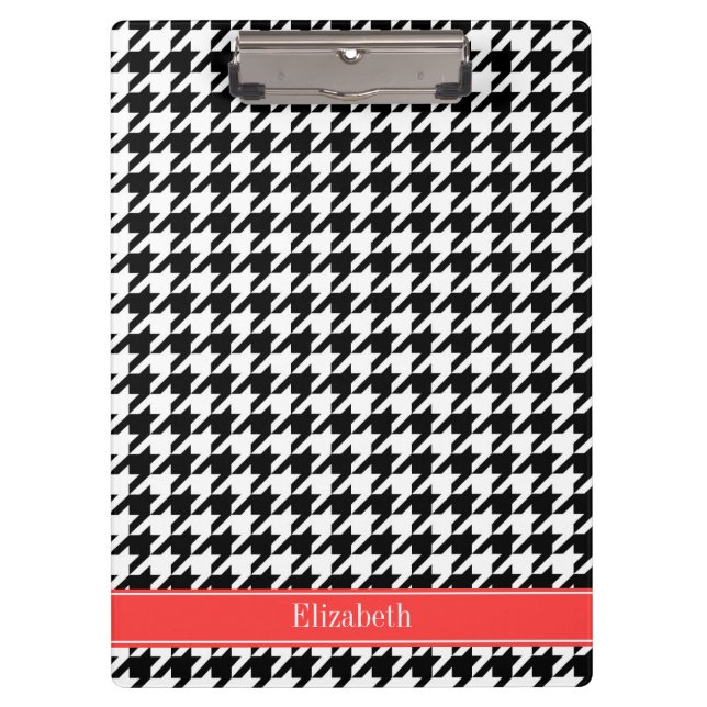 Porte-bloc Noir Wht Houndstooth Coral Nom rouge Monogramme (Devant)