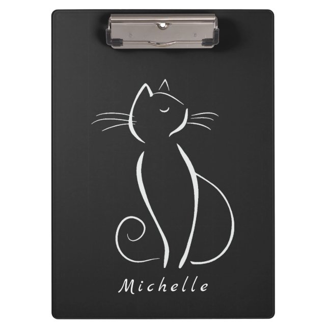 Porte-bloc Nom d'ajout Minimal White Cat On Black (Devant)