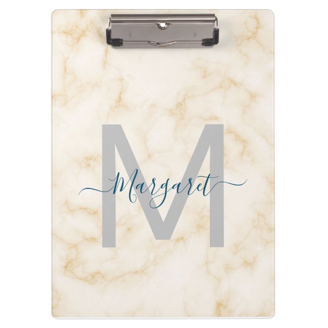 Porte-bloc Nom de script Monogramme Marbre Blanc Or (Devant)