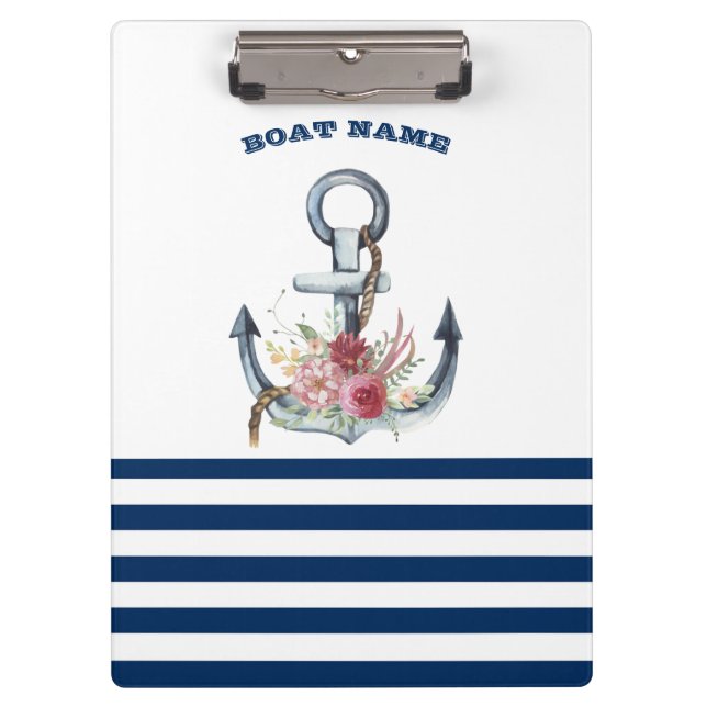 Porte-bloc Nom du bateau, fleurs d'ancre bleu marine rayé (Devant)