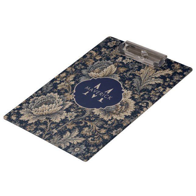 Porte-bloc Nom initial sur motif textile botanique Navy Gold (Incliné)