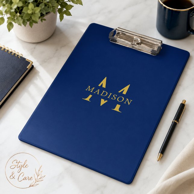 Porte-bloc Nom personnalisé avec monogramme Navy Professionne (Custom Name with Monogram Navy Professional Clipboard)