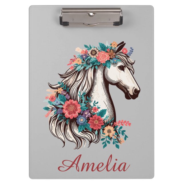 Porte-bloc Nom personnalisé Boho Horse avec Fleurs (Devant)