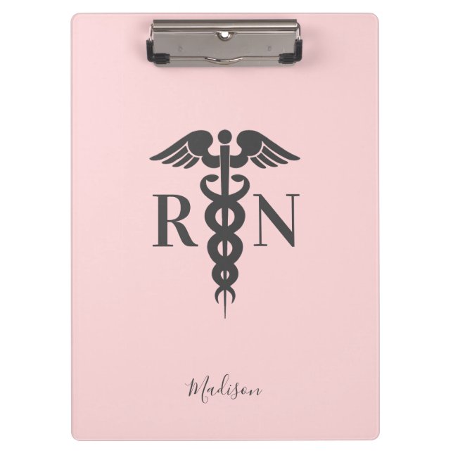 Porte-bloc Nurse RN Médicale Blush Rose Caduceus Personnalisé (Devant)