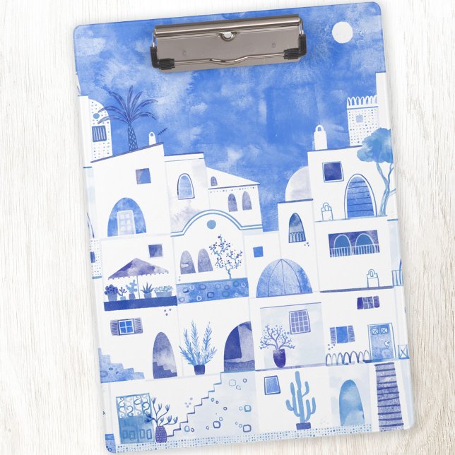 Porte-bloc Oia Santorini Grèce Aquarelle Ville Peinture (Oia Santorini Greece blue and white watercolor art clipboard)