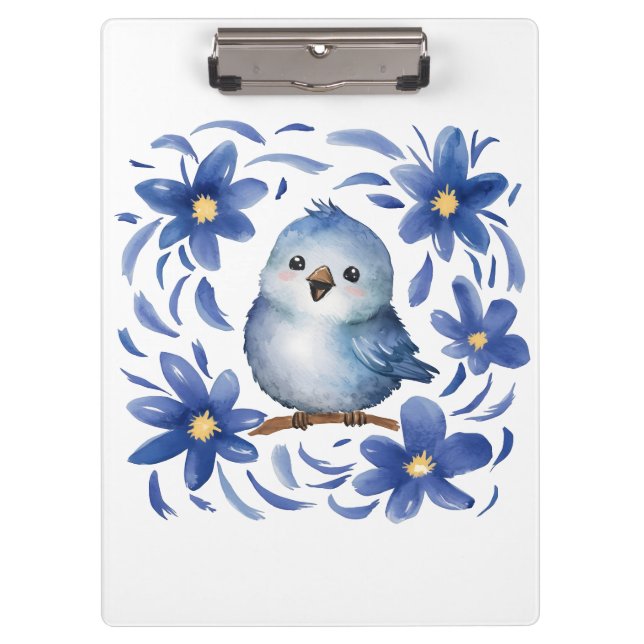 Porte-bloc Oiseau bleu avec des fleurs (Devant)