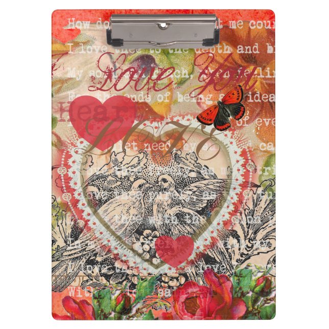 Porte-bloc Oiseaux de l'amour Cœur Rouge Collage d'art (Devant)