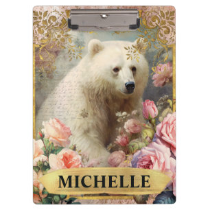 Porte-bloc Ours polaire vintage aquarelle et roses roses