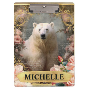 Porte-bloc Ours polaire vintage aquarelle et roses roses