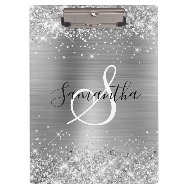 Porte-bloc Pailleté Argenté Élégant Monogrammé (Devant)