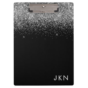 Porte-bloc Paillettes Argent Noir Nom Monogramme Féminin