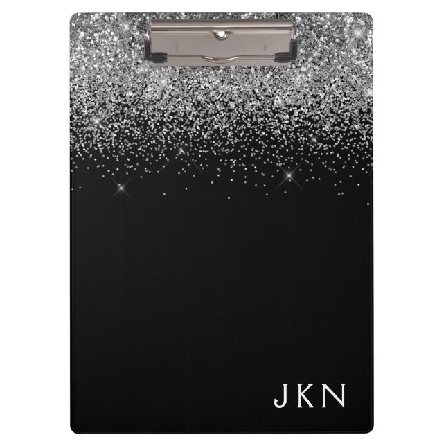Porte-bloc Paillettes Argent Noir Nom Monogramme Féminin (Devant)