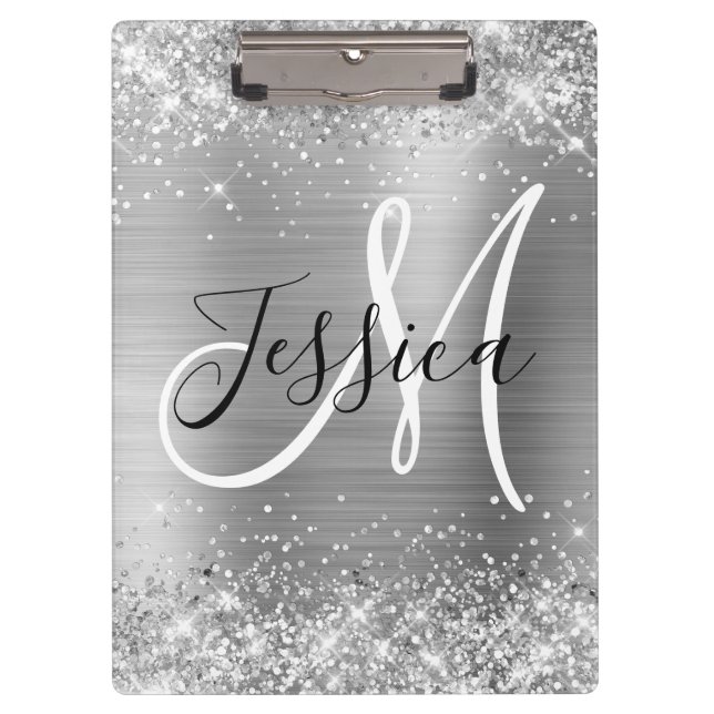 Porte-bloc Paillettes Argentées Monogramme Noir et Blanc (Devant)