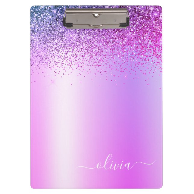 Porte-bloc Paillettes de monogramme violet écriture féminine  (Devant)