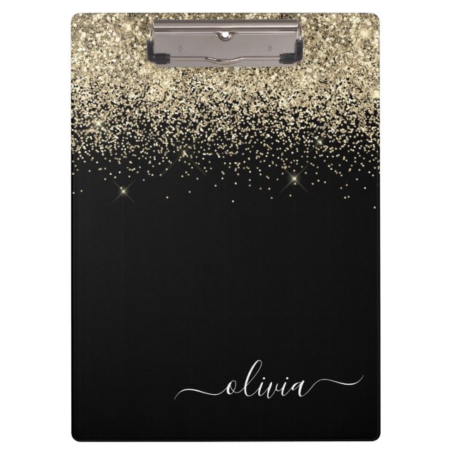 Porte-bloc Paillettes de Nom de Monogramme Fille Doré Noir (Devant)