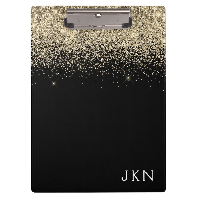 Porte-bloc Paillettes Noir Or Girly Monogramme Initiales (Devant)
