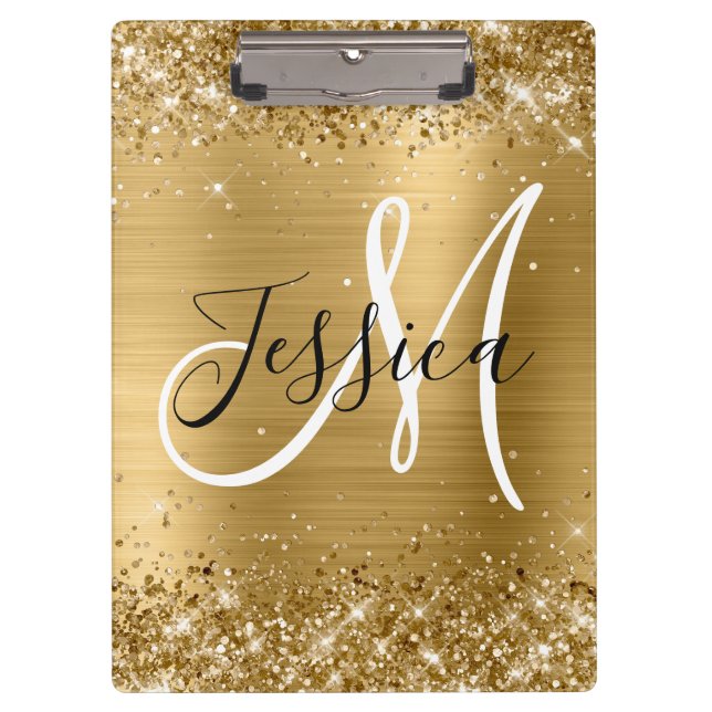 Porte-bloc Paillettes Or Feuille Noir et Blanc Monogramme (Devant)