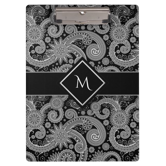 Porte-bloc Paisley monochrome avec cadre initial (Devant)