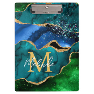 Porte-bloc Paon bleu et vert Faux Paillettes Agate