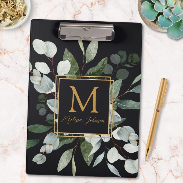 Porte-bloc Papier aquarelle tropical Eucalyptus noir Monogram (In situ)
