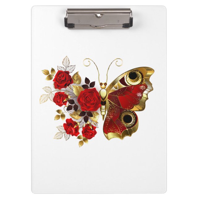 Porte-bloc Papillon de fleurs rouges aux roses rouges (Devant)