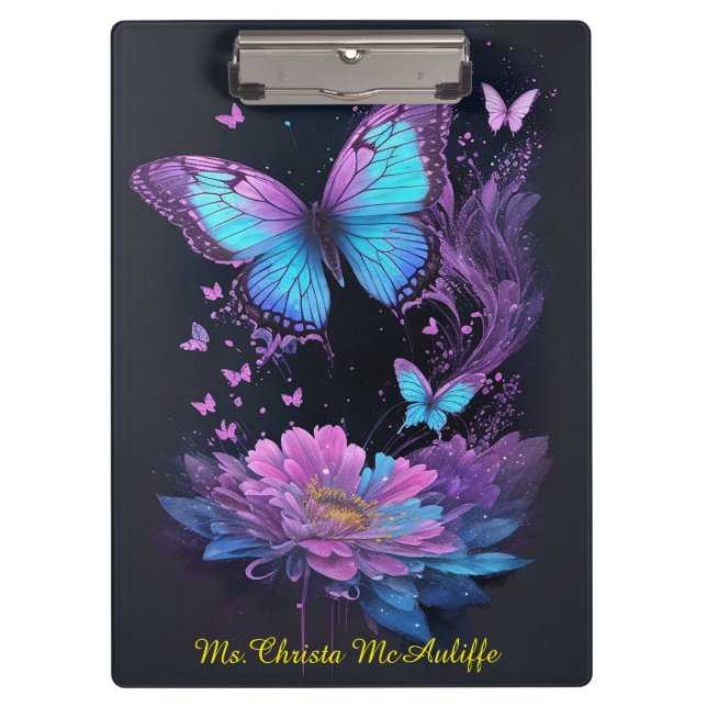 Porte-bloc papillon girly floral violet et turquoise (Devant)