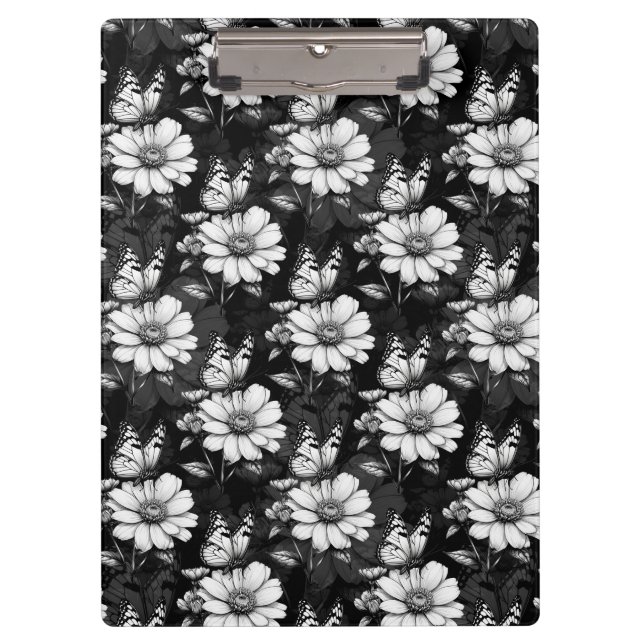Porte-bloc Papillon sur Motif à fleurs - Noir (Devant)