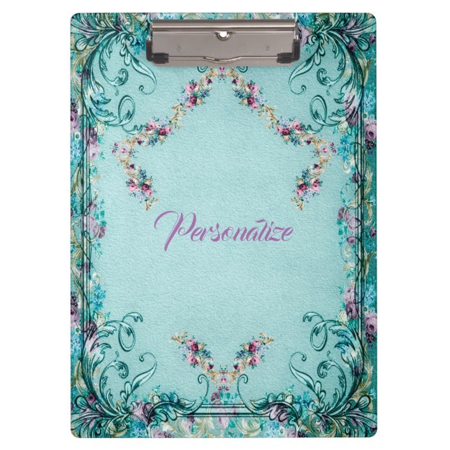 Porte-bloc Parchemin floral victorien élégant violet turquois (Devant)
