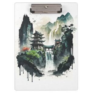Porte-bloc Paysage antique de l'encre chinoise avec cascade