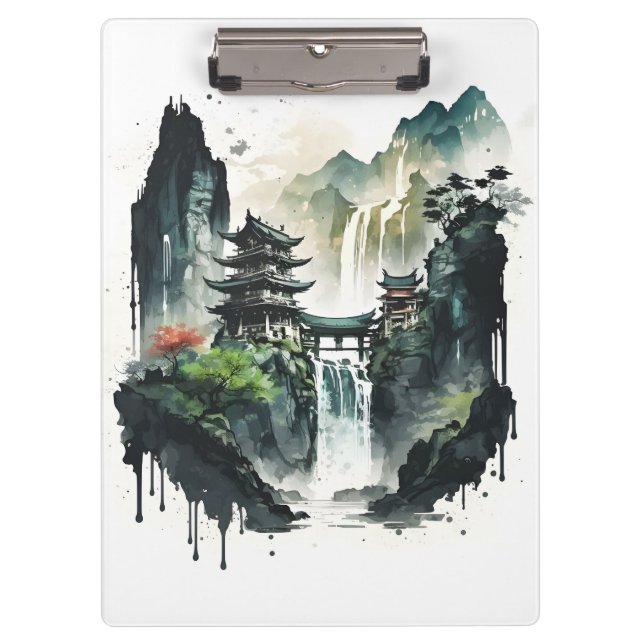 Porte-bloc Paysage antique de l'encre chinoise avec cascade (Devant)
