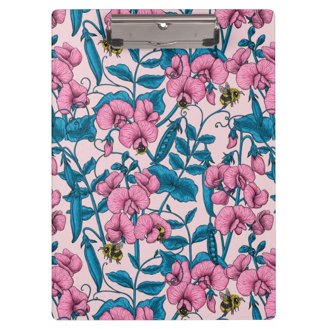 Porte-bloc Pois doux et bourdons, rose et bleu (Devant)