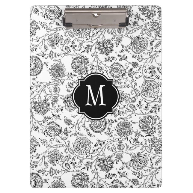 Porte-bloc Porte - bloc floral noir et blanc de monogramme (Devant)