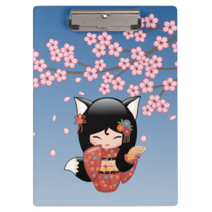Porte-bloc Poupée Kitsune Kokeshi - Black Fox Geisha Girl